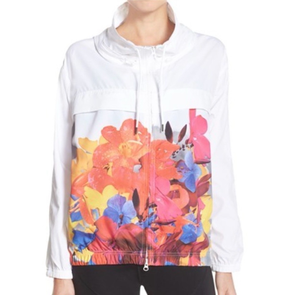 White Floral Zip-Front Windbreaker Jacket